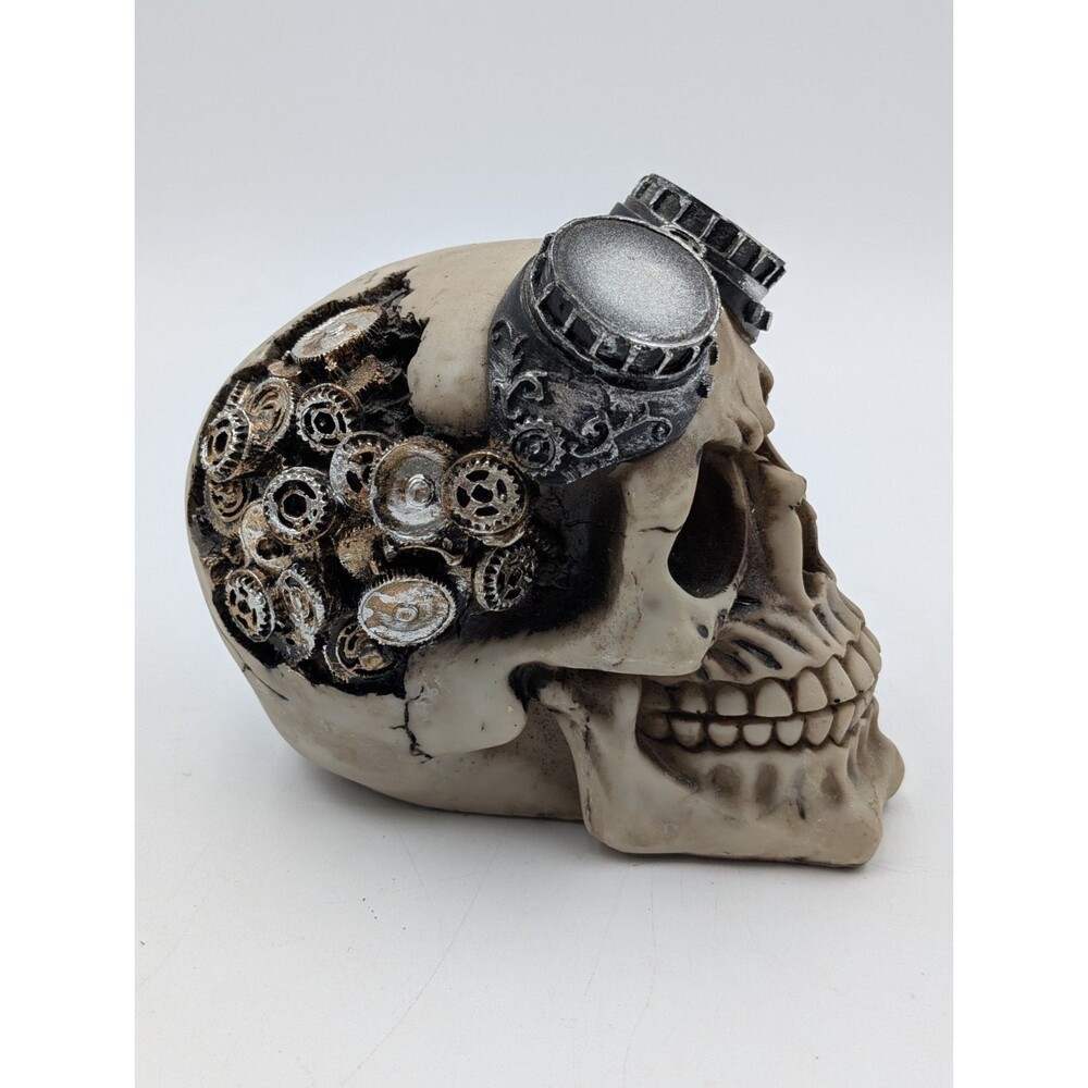 Steampunk Skull Statue Aviator Goggles Exposed Gears Resin Halloween Home Decor